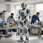 White and grey humanoid robot standing upright in a bright laboratory while engineers work in the background