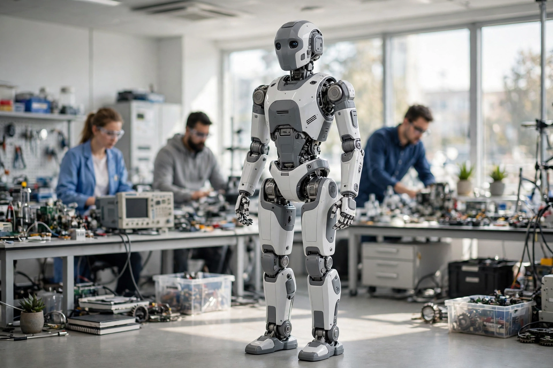 White and grey humanoid robot standing upright in a bright laboratory while engineers work in the background