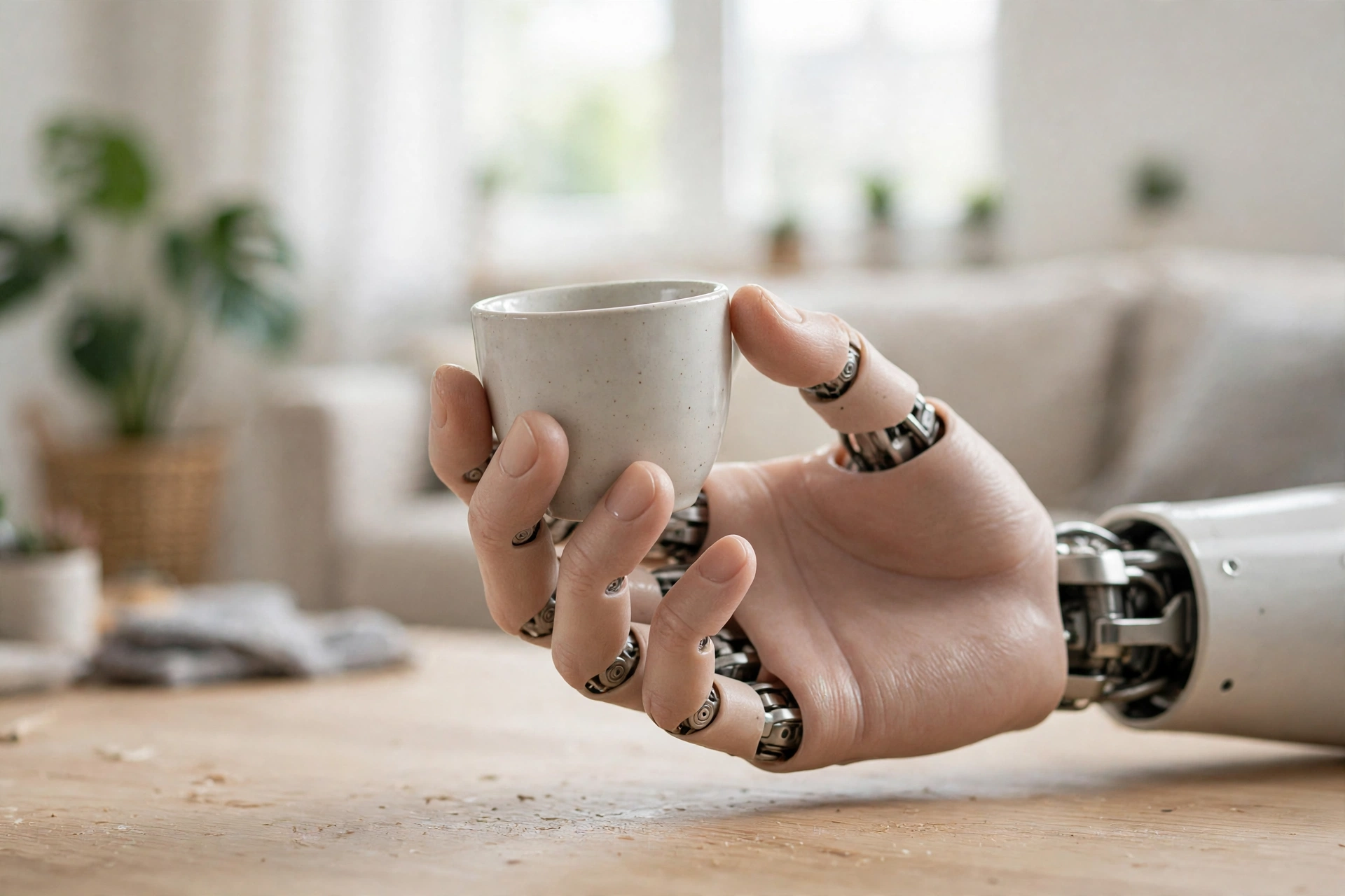 Humanoid robot hand with mechanical fingers gently holding a small ceramic cup on a wooden table