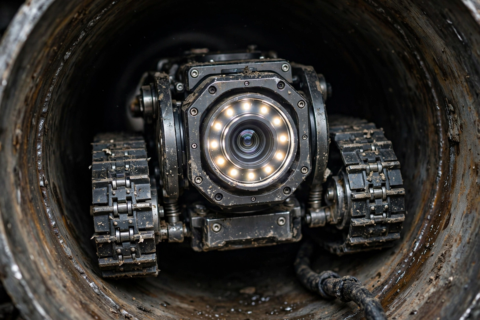 Close-up of a tracked pipe inspection robot camera with ring lights inside a dark pipe