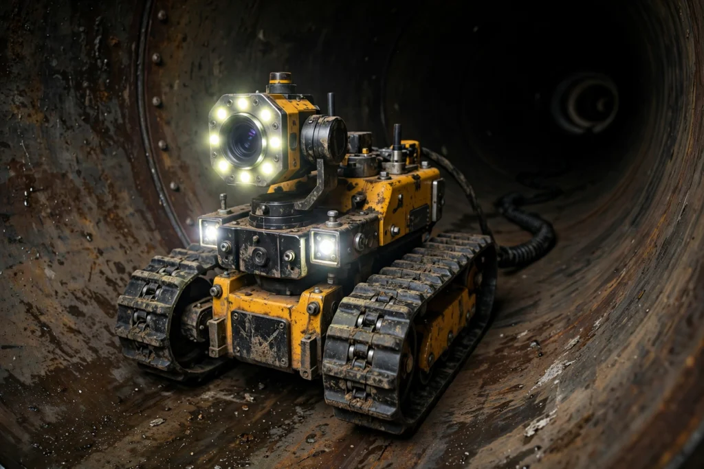 Yellow tracked pipe inspection robot with bright camera lights inside a large metal pipe
