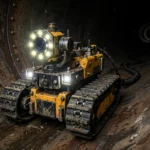 Yellow tracked pipe inspection robot with bright camera lights inside a large metal pipe