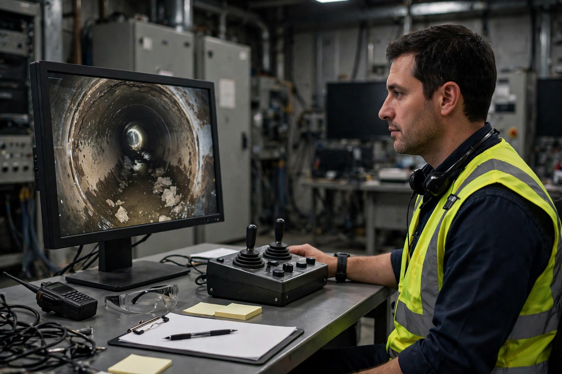 Operator in a high-visibility vest using joysticks to guide a pipe inspection robot on screen