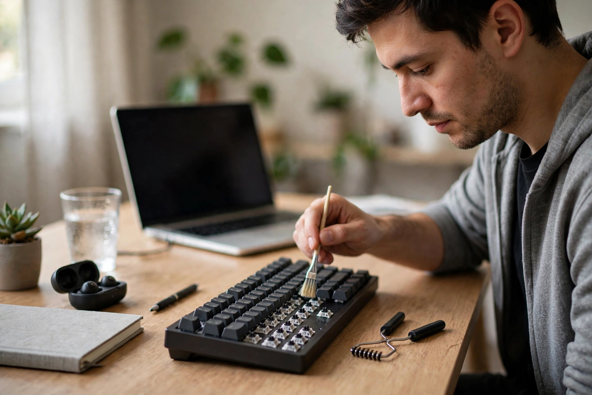 Man cleaning a mechanical keyboard with a small brush at a desk, with a keycap puller beside the board