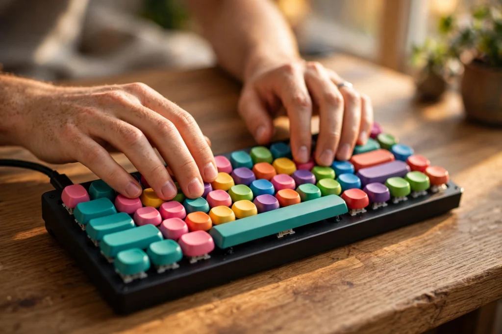 Hands typing on a mechanical keyboard with colourful keycaps on a wooden desk in warm daylight
