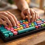 Hands typing on a mechanical keyboard with colourful keycaps on a wooden desk in warm daylight