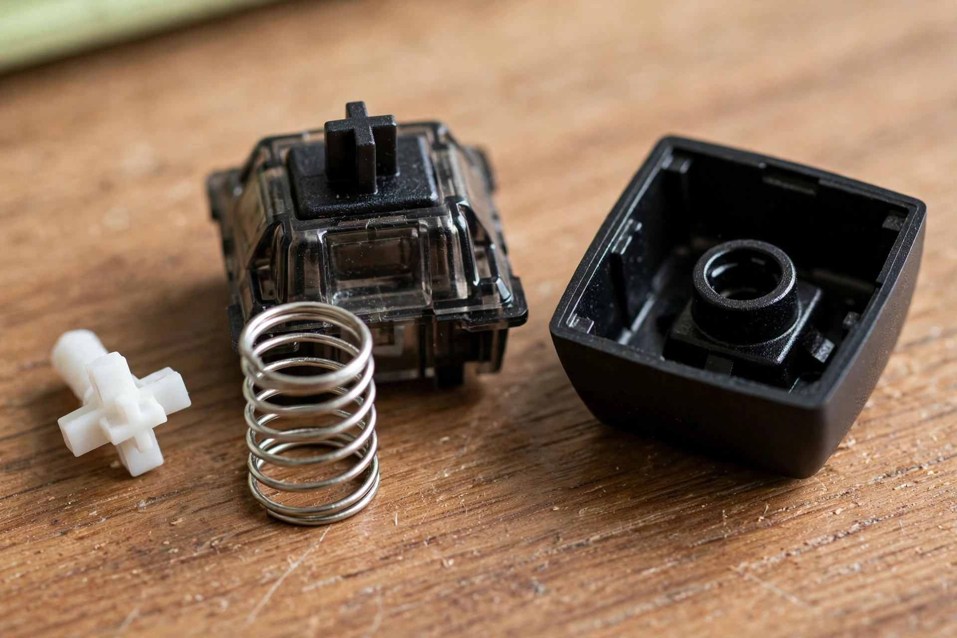 Close-up of a mechanical keyboard switch with its spring and a removed black keycap on a wooden desk