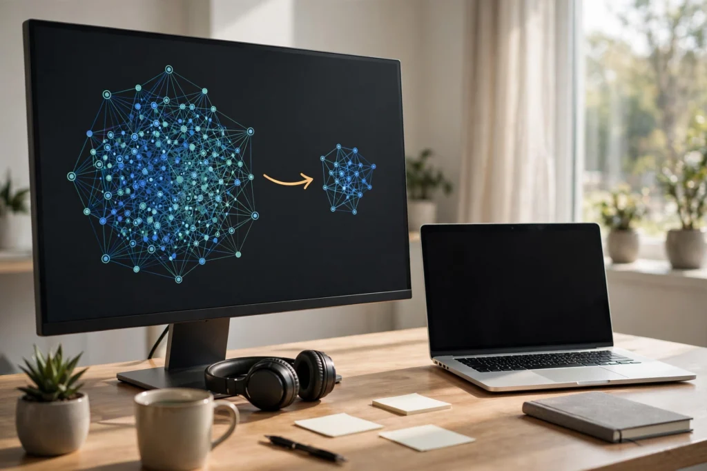 Large computer screen showing a big neural network diagram shrinking into a smaller network, beside a laptop on a desk