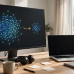 Large computer screen showing a big neural network diagram shrinking into a smaller network, beside a laptop on a desk