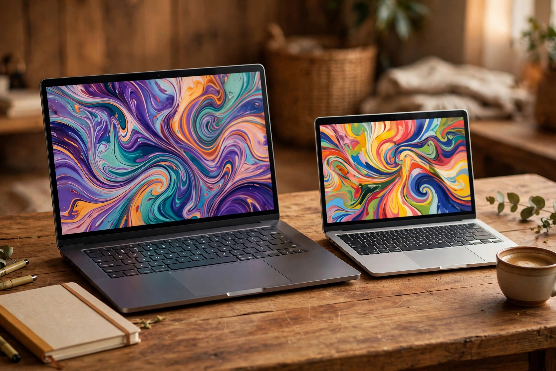 Two laptops side by side on a wooden desk, a larger one and a smaller one, both showing colourful abstract patterns