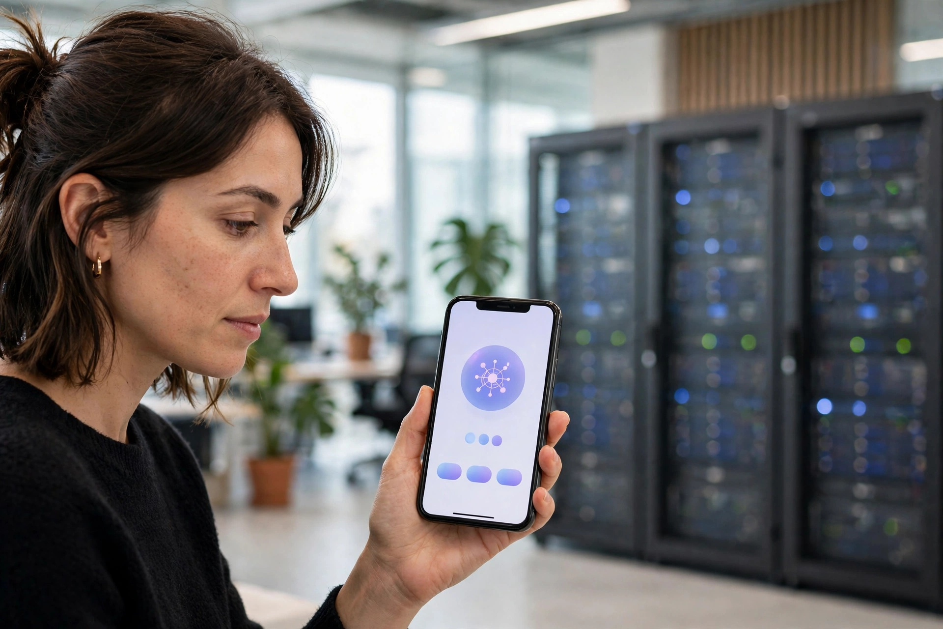 Woman holding a smartphone showing a small AI app, with large server racks blurred in the background