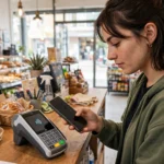 Woman holding a smartphone near a contactless payment terminal at a shop counter