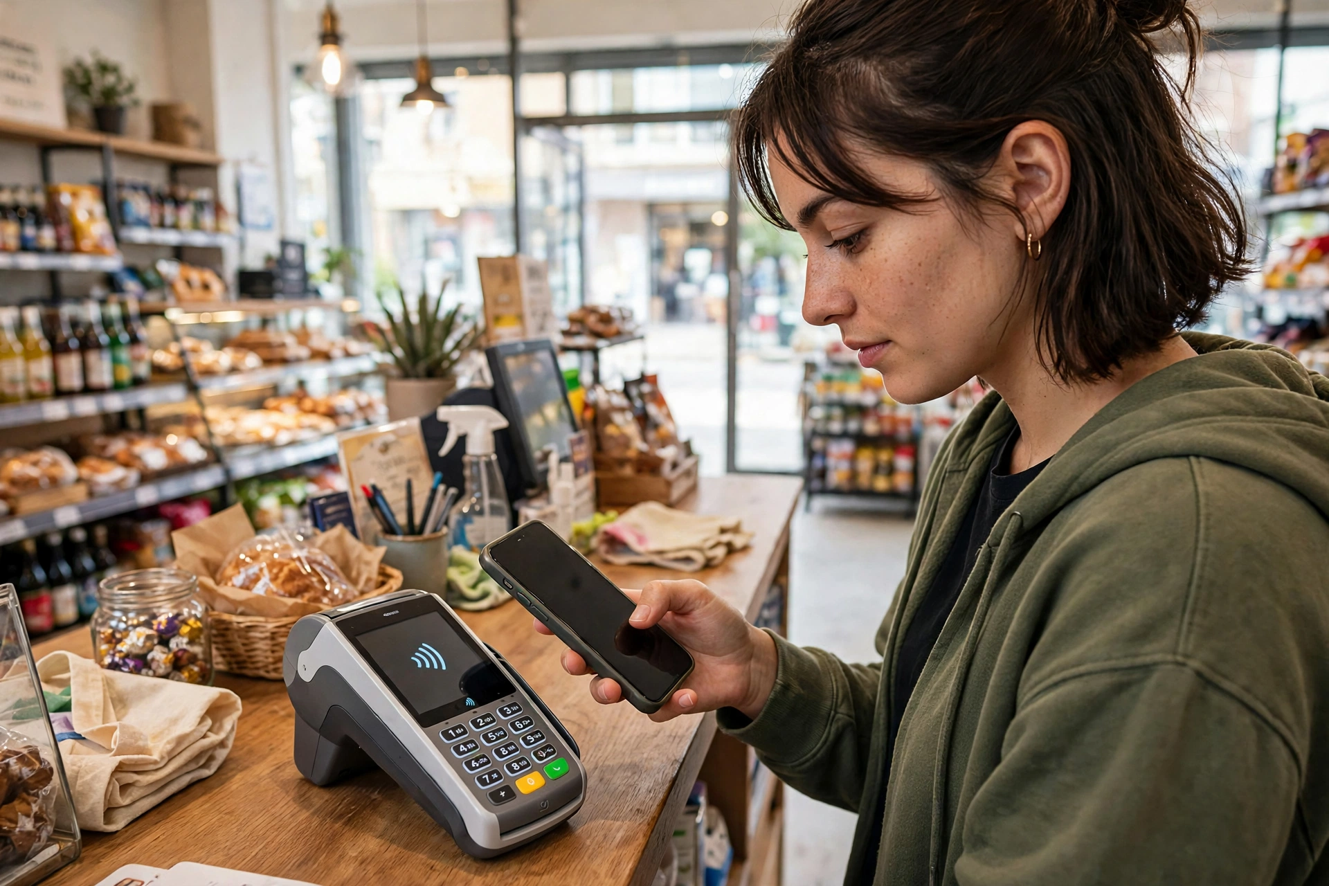 Woman holding a smartphone near a contactless payment terminal at a shop counter