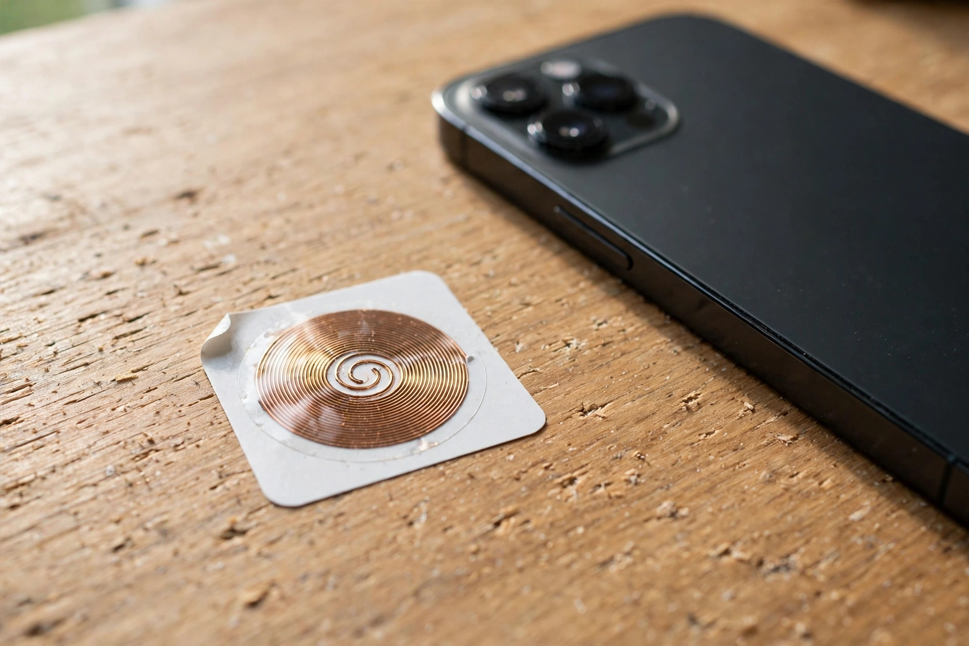 Close-up of a white NFC sticker tag with a copper coil antenna beside a smartphone on a wooden desk