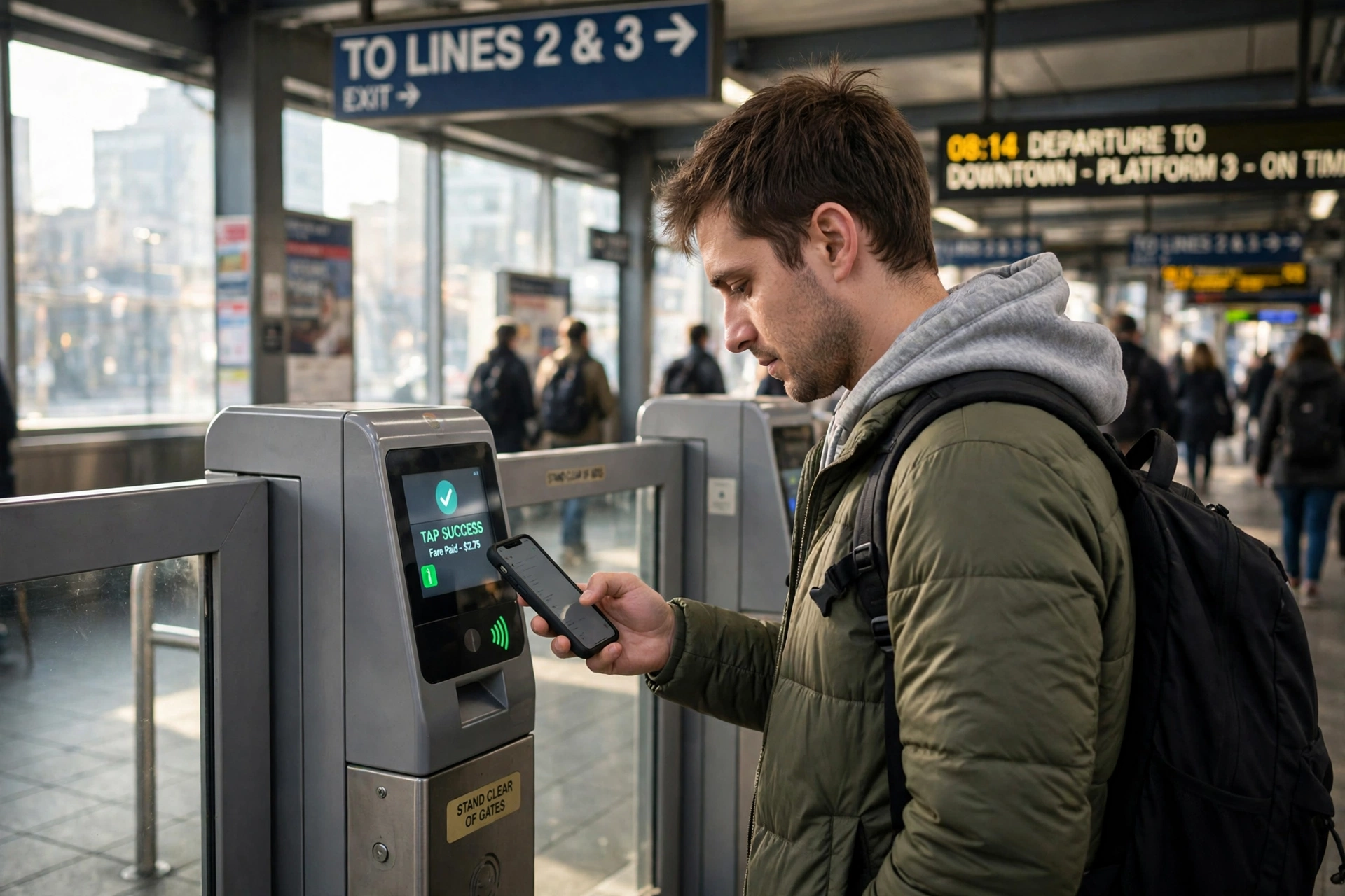 Man holding a phone against a transit gate reader at a train station