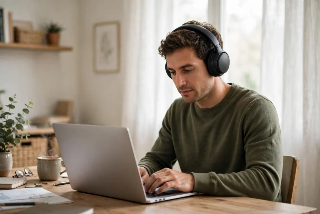 Person wearing black noise-cancelling headphones in a quiet home office