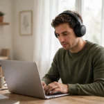 Person wearing black noise-cancelling headphones in a quiet home office