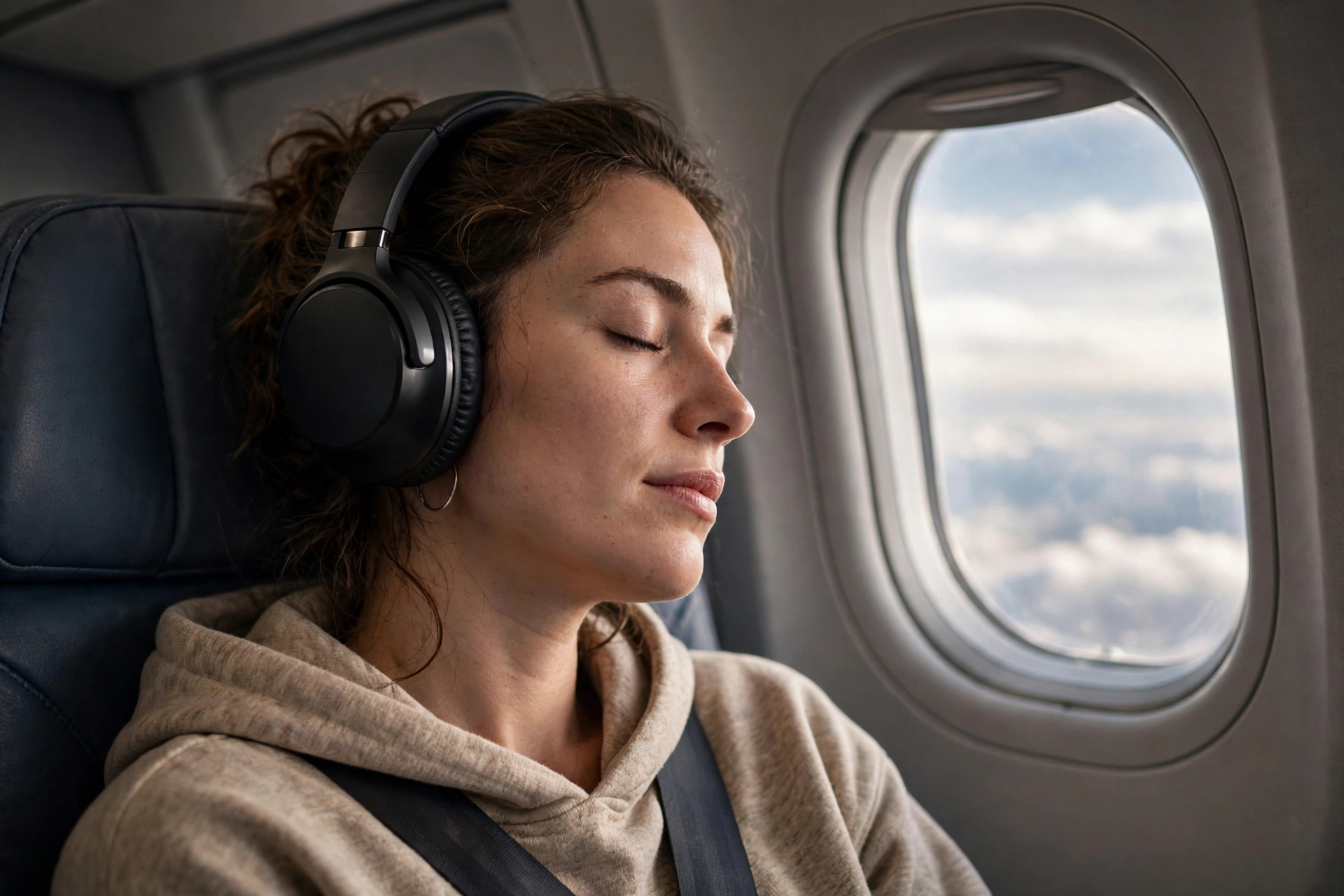 Traveller wearing noise-cancelling headphones on an aeroplane, relaxed with eyes closed