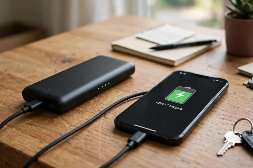 Black power bank charging a smartphone on a wooden desk, with the phone showing a charging battery icon