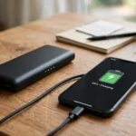 Black power bank charging a smartphone on a wooden desk, with the phone showing a charging battery icon