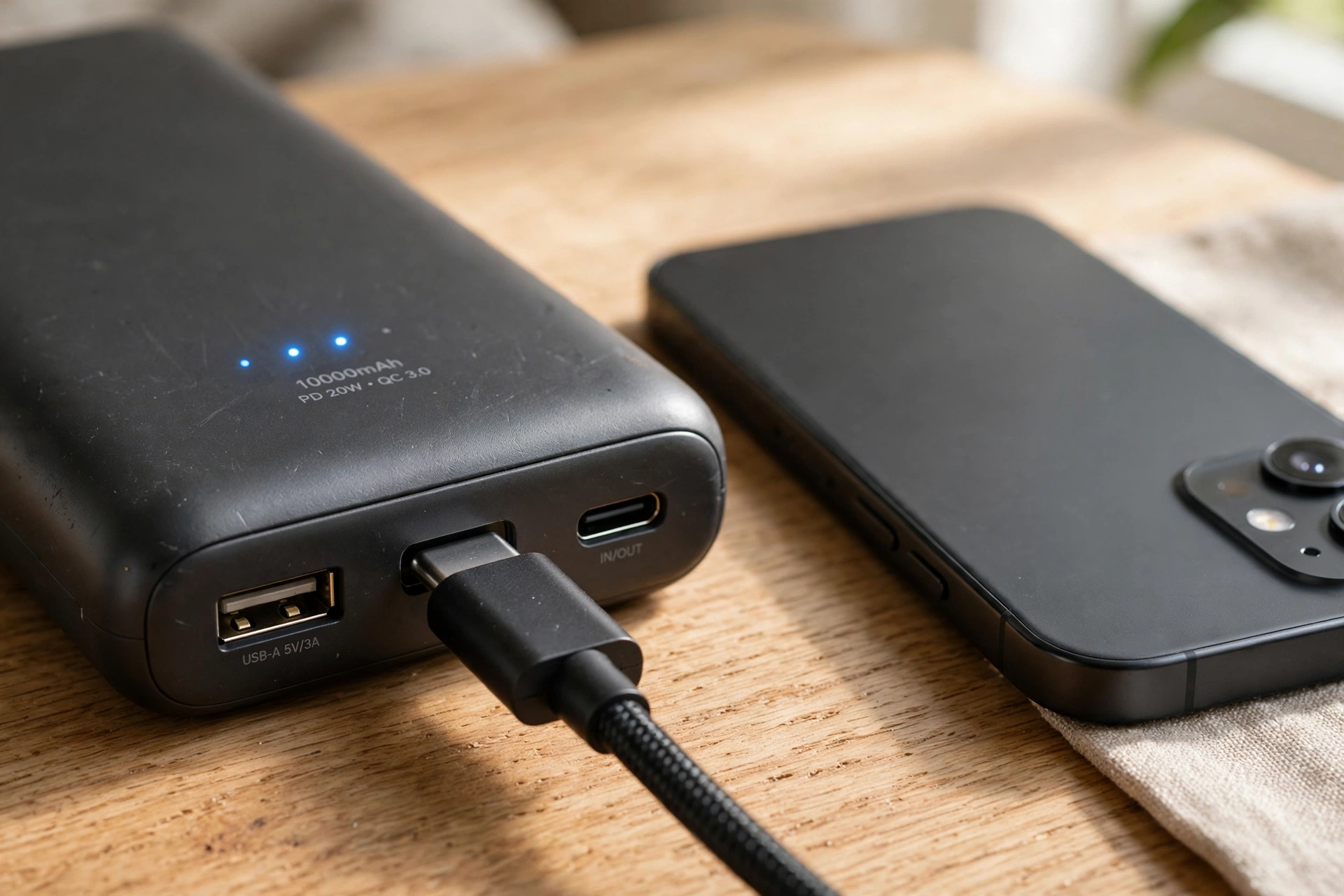 Close-up of a power bank showing its USB-A and USB-C ports with a cable plugged in beside a phone