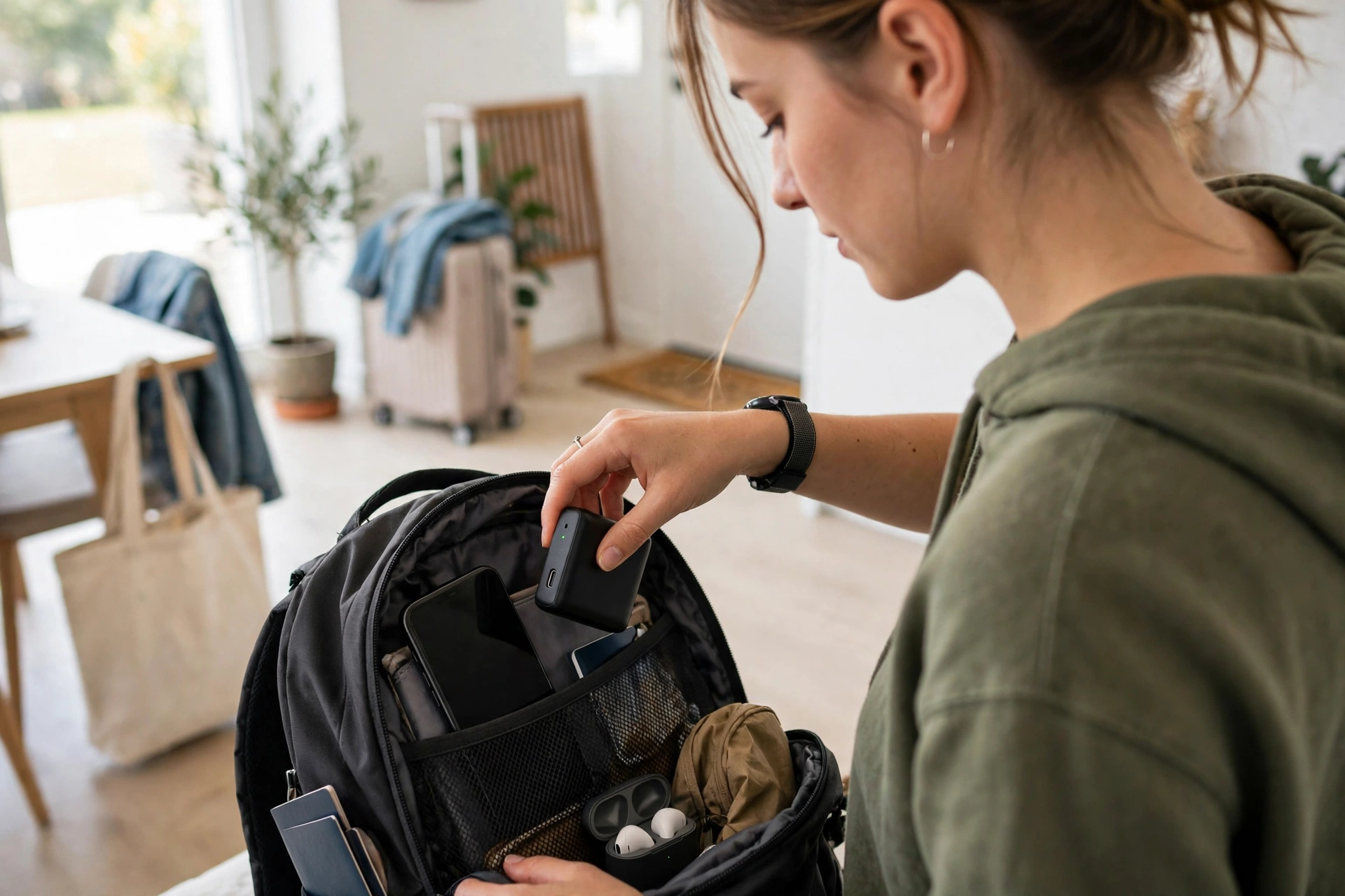 Person packing a small black power bank into a backpack pocket next to a phone and earbuds case