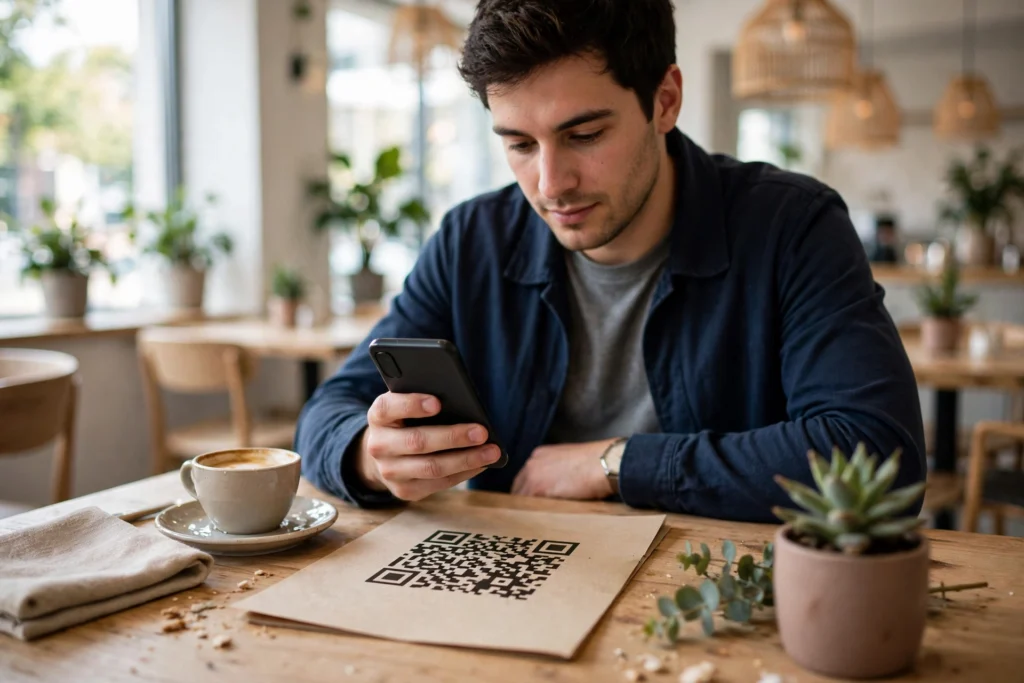 Man holding a smartphone over a QR code printed on a cafe table menu beside a coffee cup