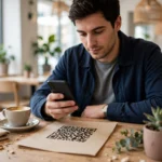 Man holding a smartphone over a QR code printed on a cafe table menu beside a coffee cup