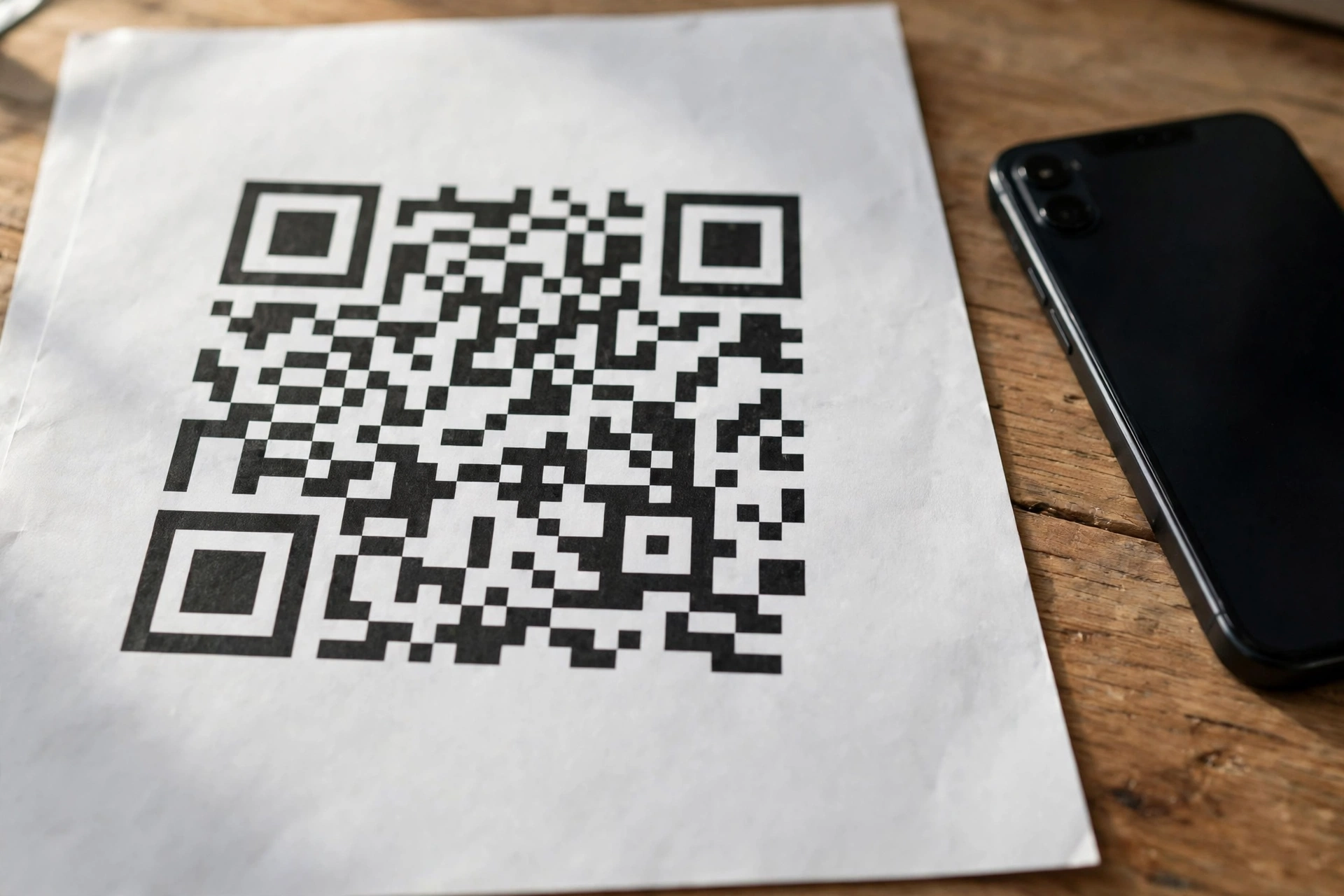 Close-up of a printed black-and-white QR code pattern on white paper beside a smartphone
