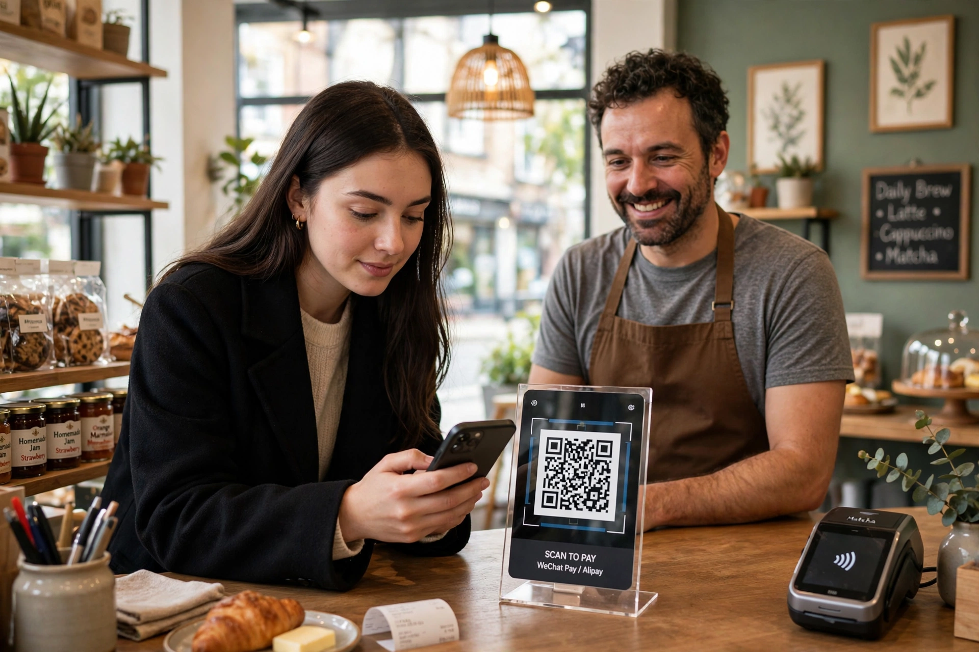 Customer scanning a QR code payment stand with a smartphone at a cafe counter