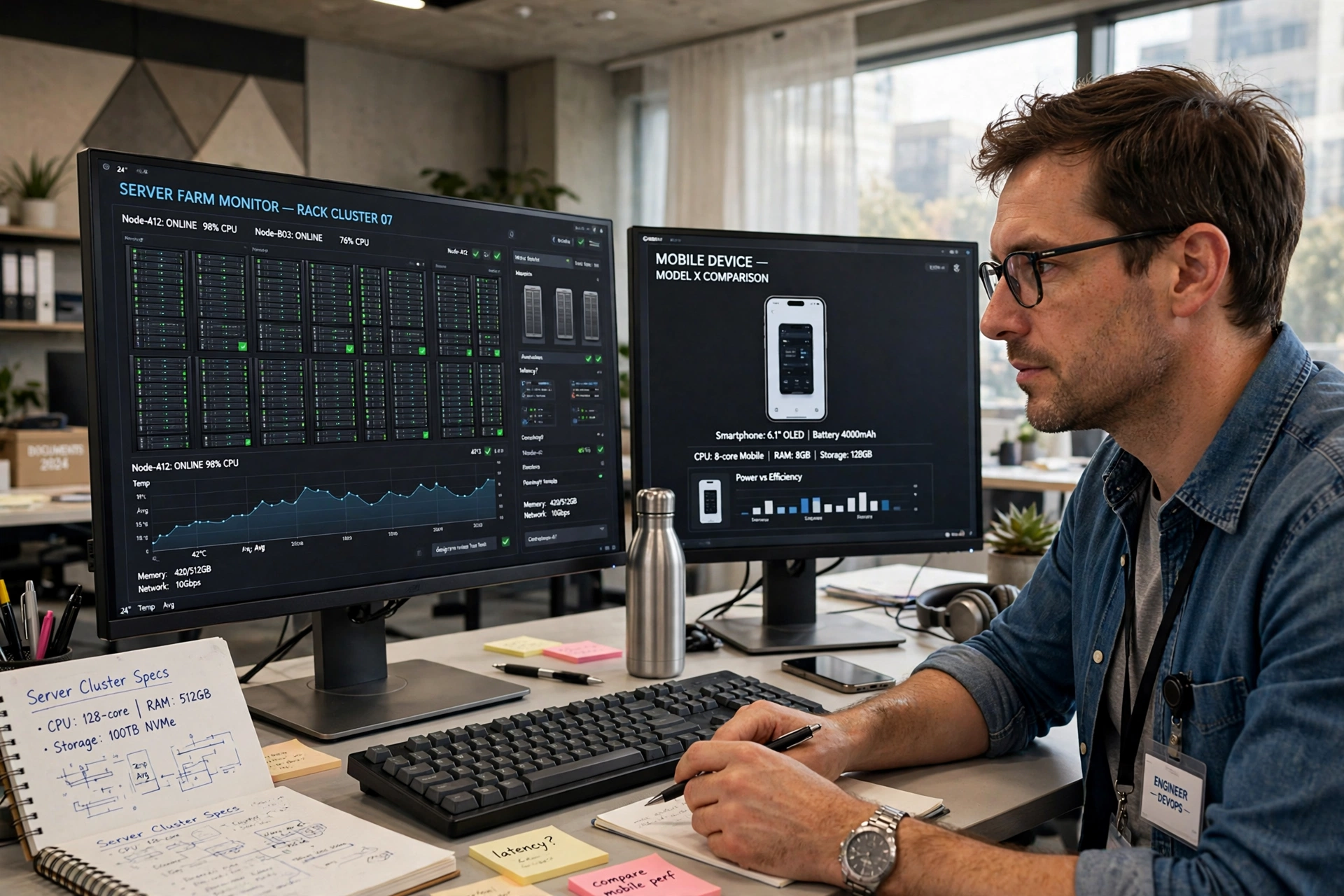 Engineer comparing a large server monitor with a smaller smartphone model monitor at a desk