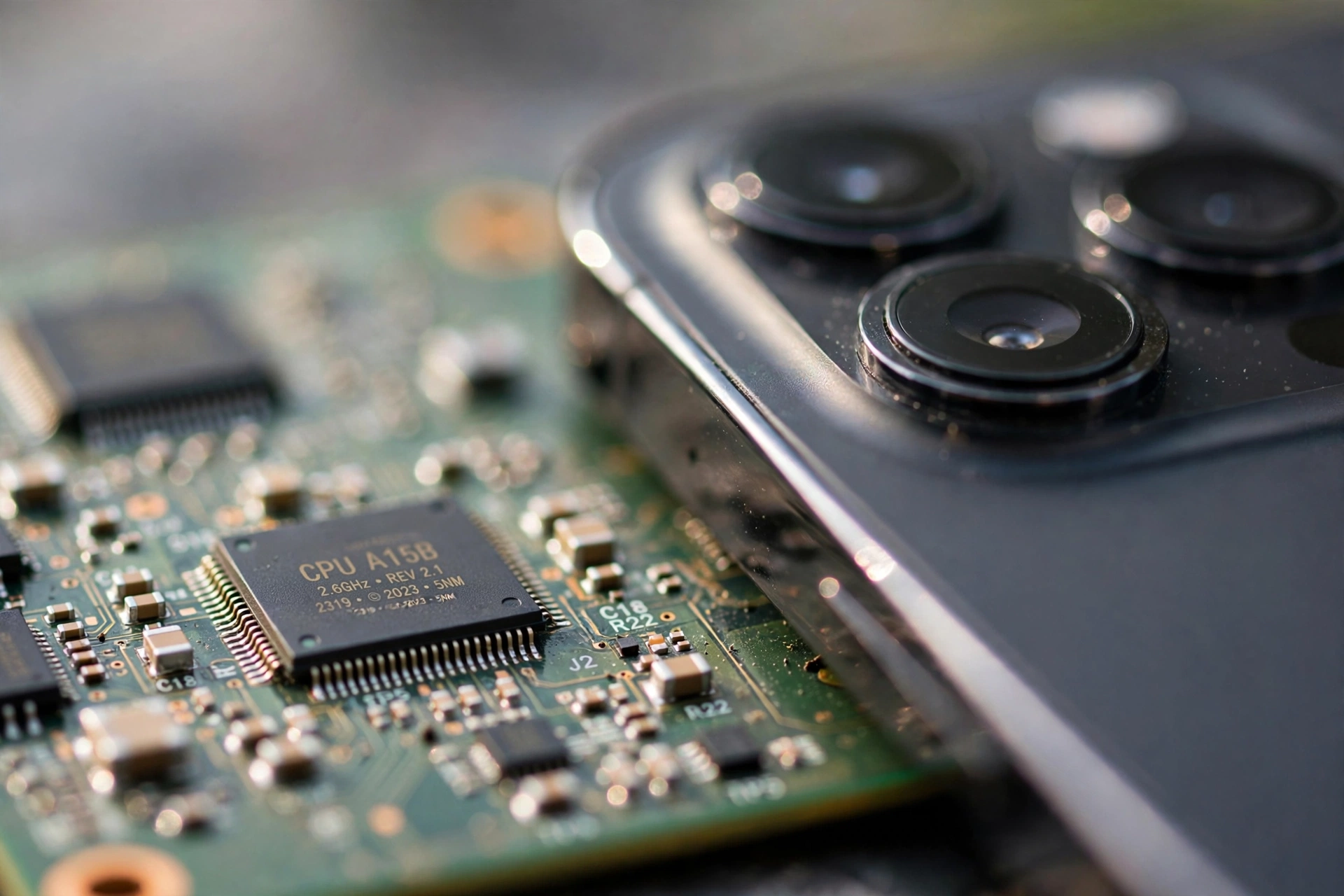 Close-up of a smartphone camera beside a computer processor chip on a circuit board