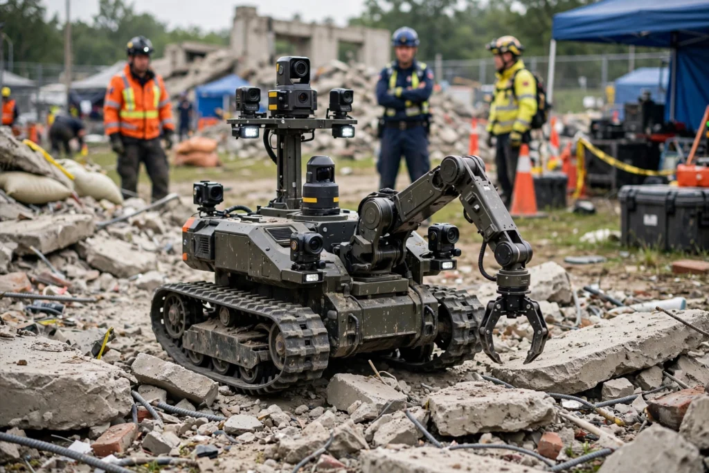 Tracked rescue robot with cameras and a robotic arm moving over concrete rubble at a disaster training site