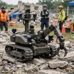 Tracked rescue robot with cameras and a robotic arm moving over concrete rubble at a disaster training site