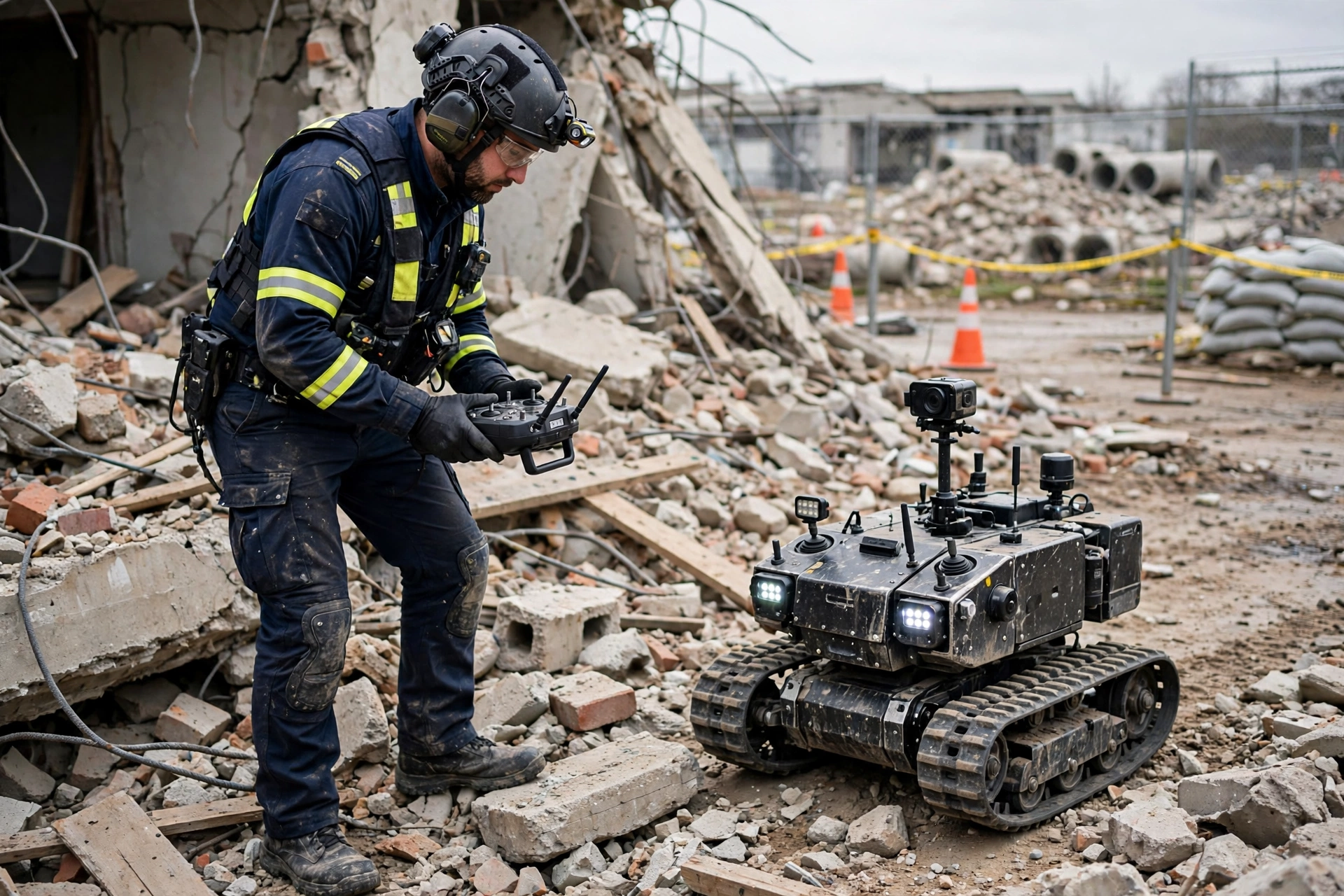 Rescue worker operating a tracked search robot with a handheld controller beside a collapsed structure