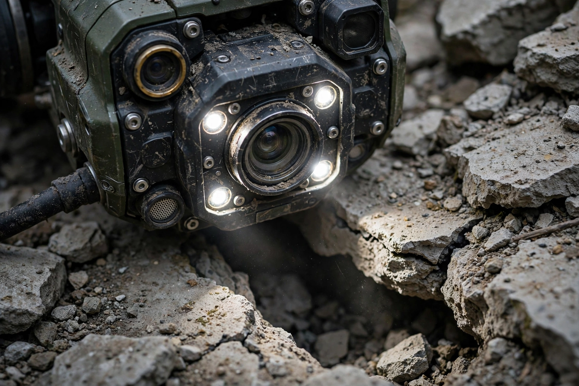 Close-up of a rescue robot's camera, lights, and sensor head inspecting a gap in broken concrete rubble