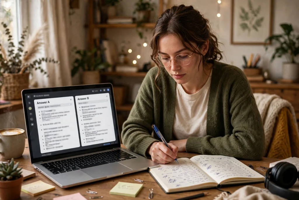 Person at a desk comparing two chatbot answers on a laptop screen while taking notes