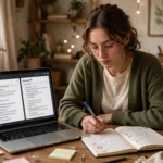 Person at a desk comparing two chatbot answers on a laptop screen while taking notes