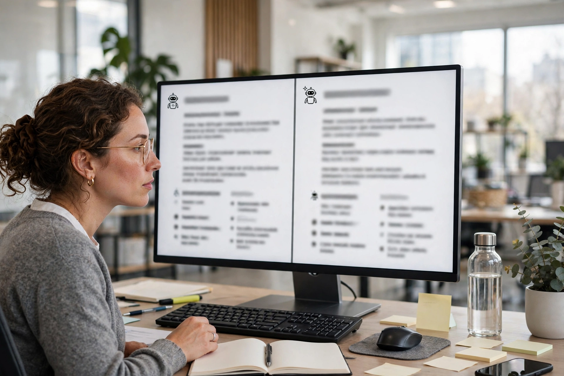 Researcher reviewing two different AI answers side by side on a computer monitor