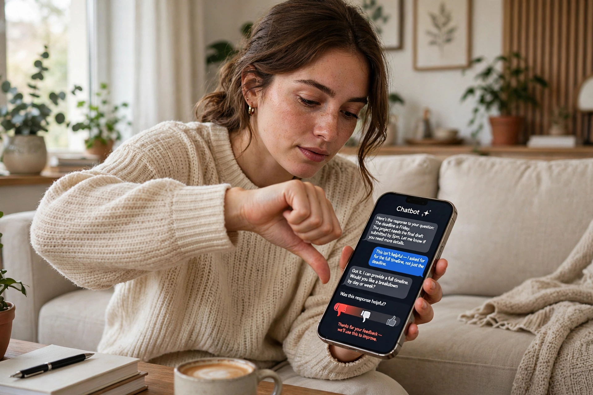 Person giving a thumbs-down rating to a chatbot reply on a smartphone