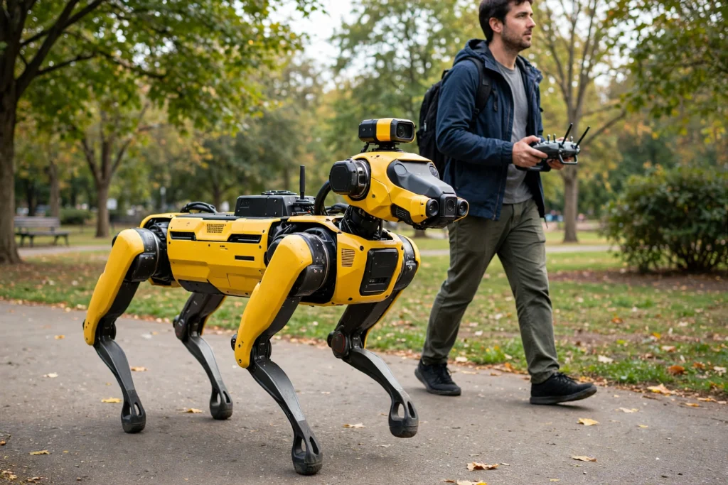 Yellow quadruped robot dog walking on a park path beside a person holding a controller