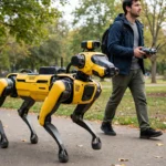 Yellow quadruped robot dog walking on a park path beside a person holding a controller