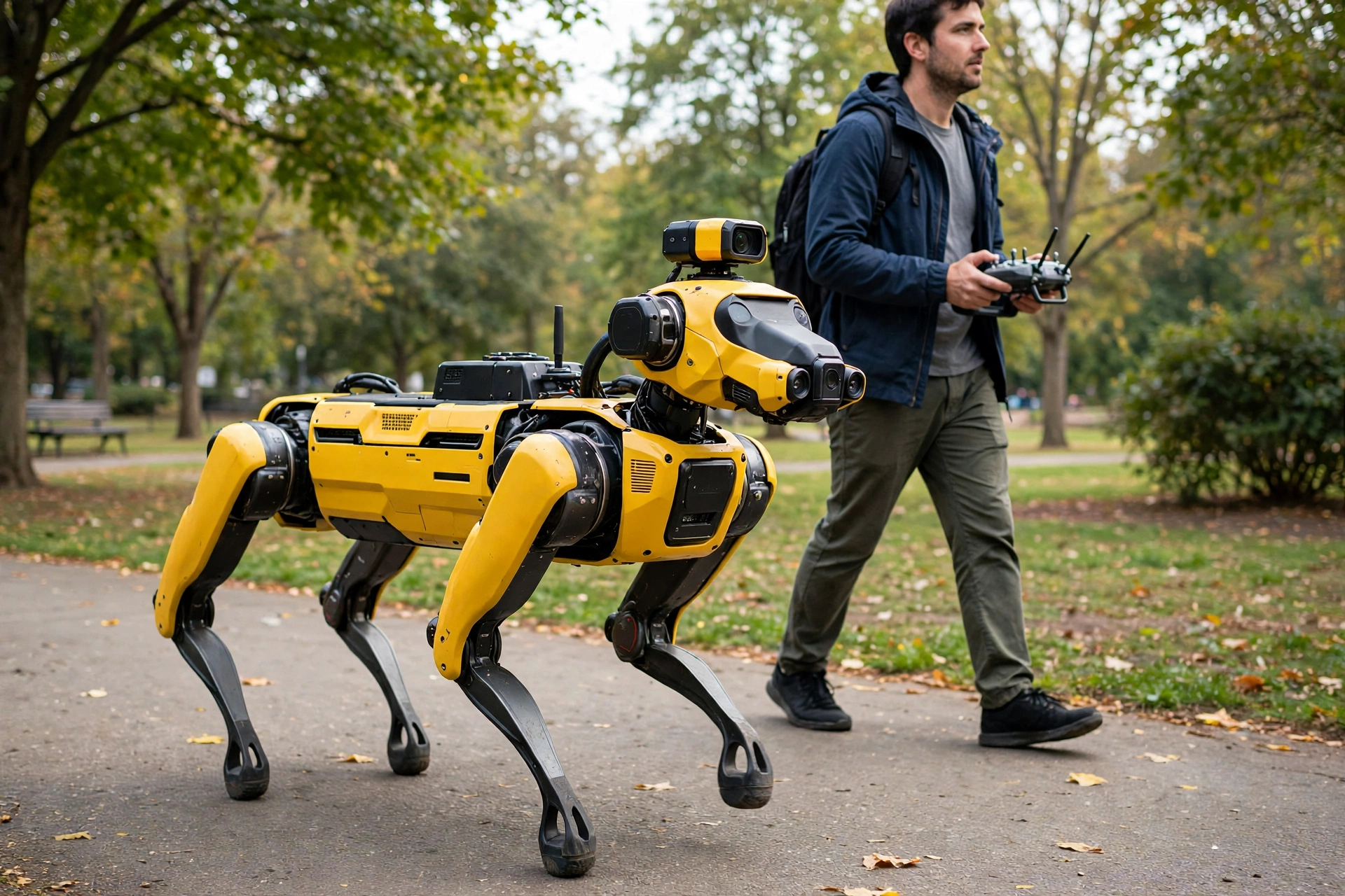 Yellow quadruped robot dog walking on a park path beside a person holding a controller
