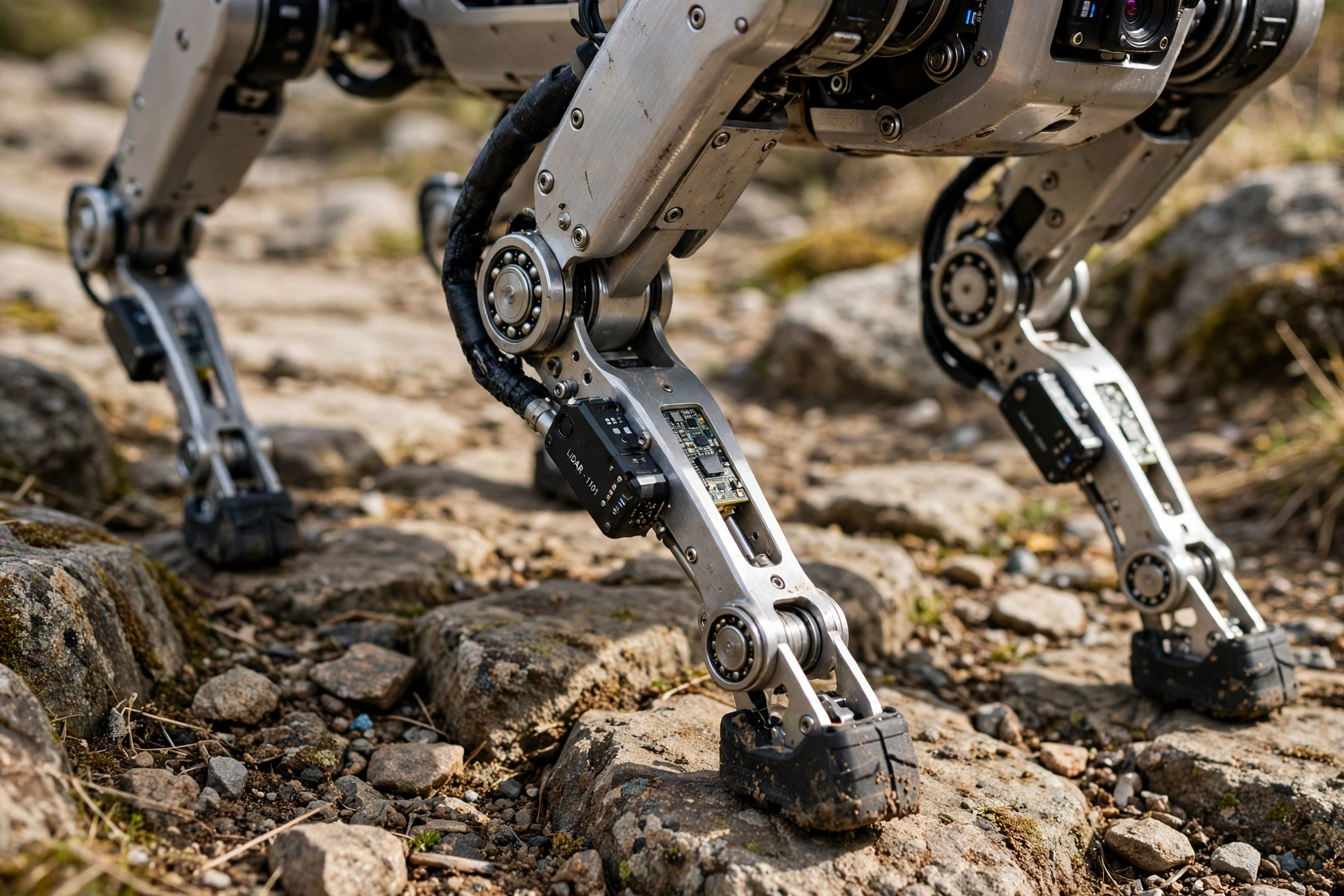 Close-up of a quadruped robot dog's metal legs and joints stepping over rocky ground