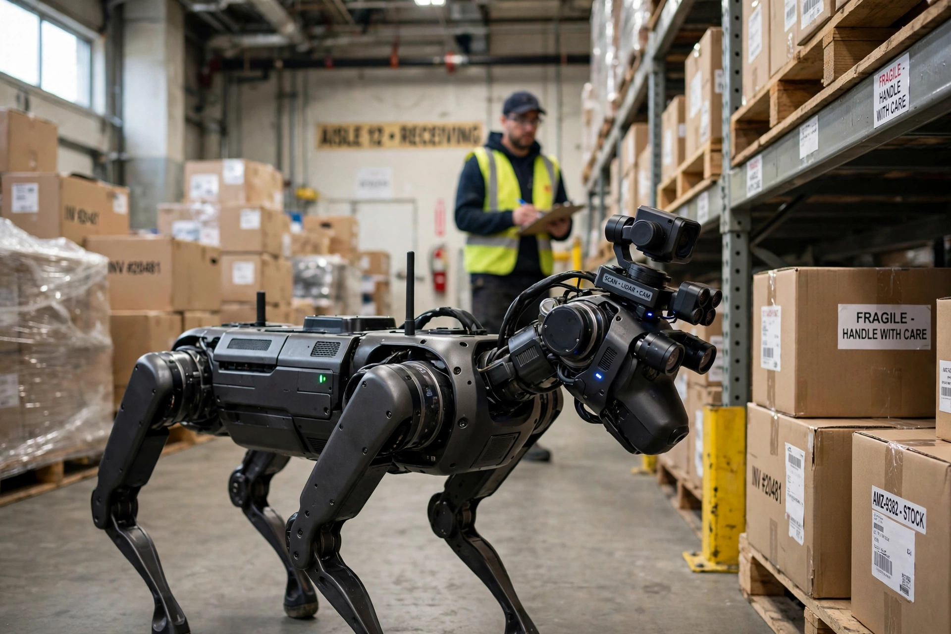 Black quadruped robot dog with cameras scanning boxes in a warehouse aisle while a worker checks stock