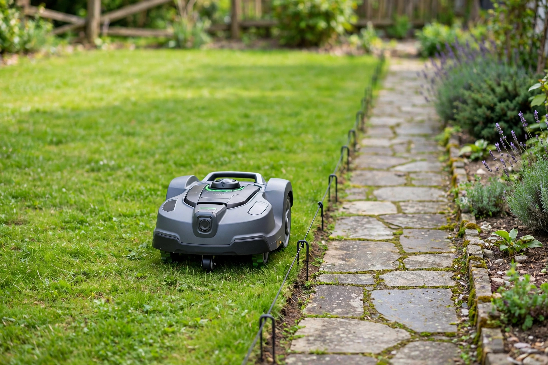 Robot lawn mower beside a pegged boundary wire along the edge of a lawn next to a stone path