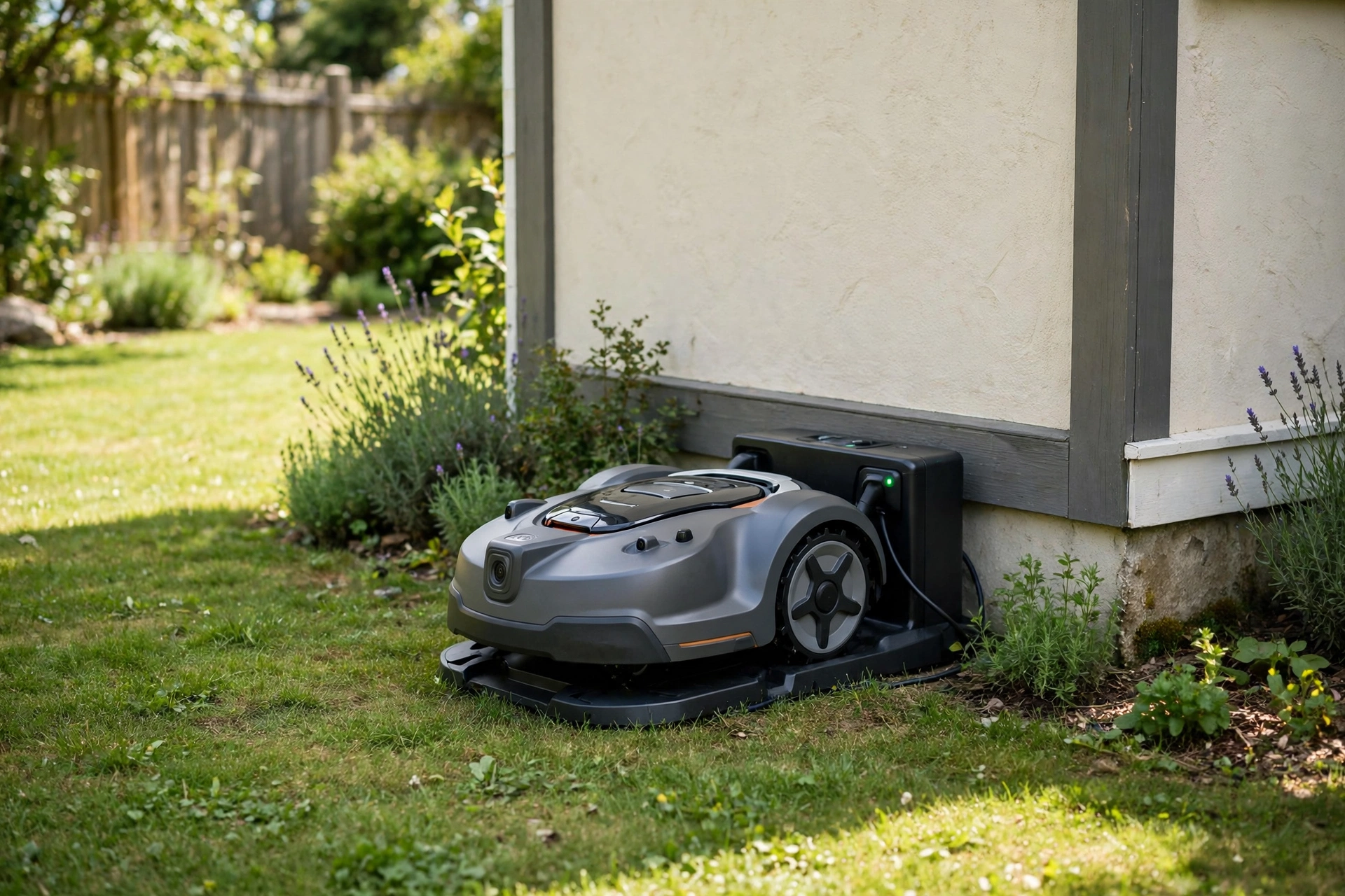 Robot lawn mower parked on its charging dock beside the wall of a house