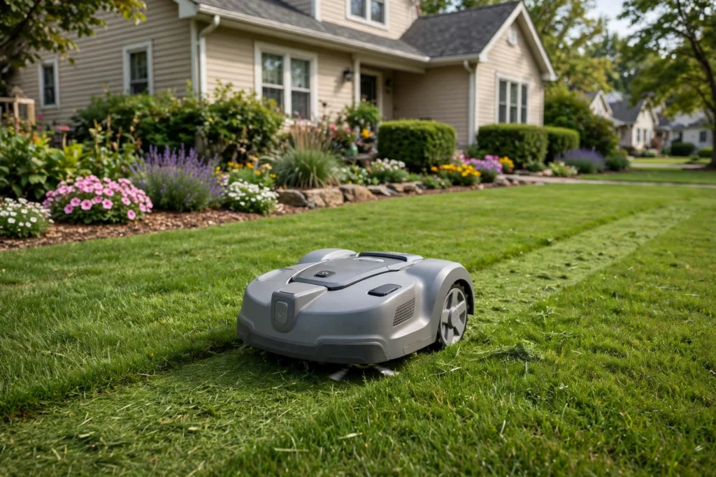 Grey robot lawn mower cutting a neat green lawn in front of a suburban house