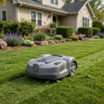 Grey robot lawn mower cutting a neat green lawn in front of a suburban house