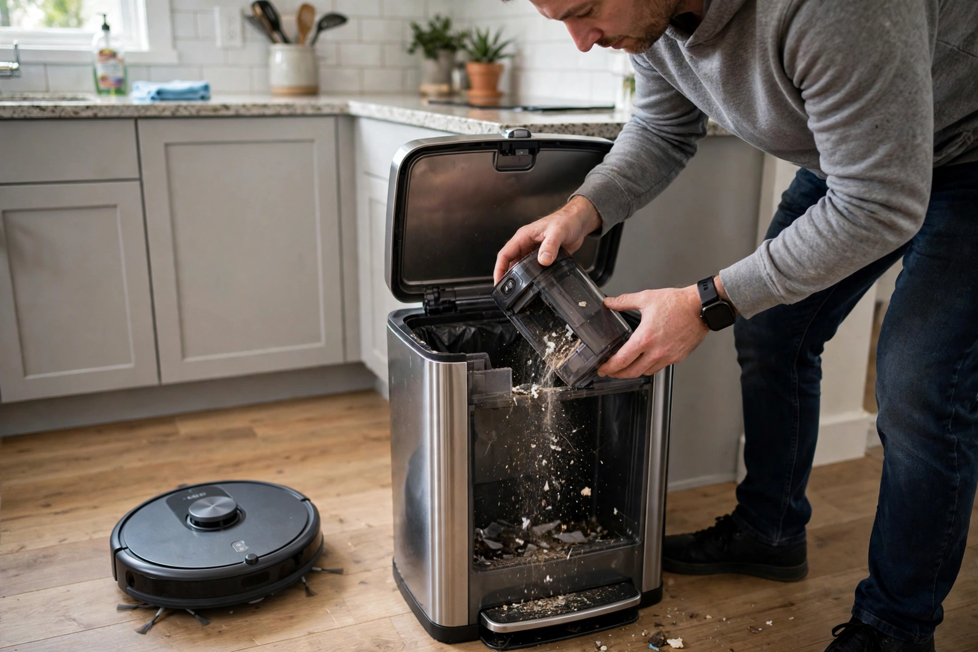 Person emptying a robot vacuum dustbin into a kitchen trash bin with the robot on the floor nearby